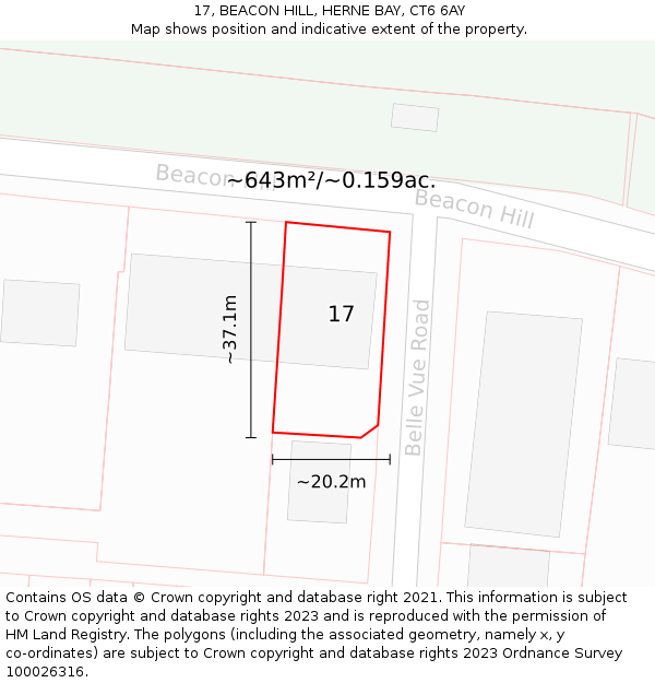 17, BEACON HILL, HERNE BAY, CT6 6AY: Plot and title map