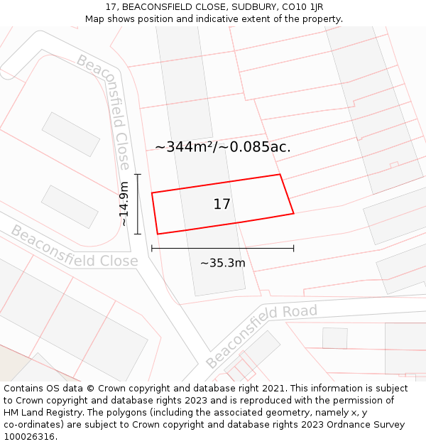 17, BEACONSFIELD CLOSE, SUDBURY, CO10 1JR: Plot and title map