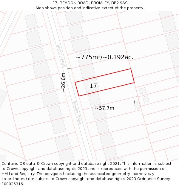 17, BEADON ROAD, BROMLEY, BR2 9AS: Plot and title map