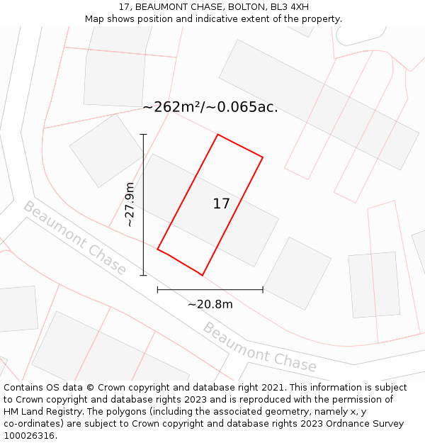 17, BEAUMONT CHASE, BOLTON, BL3 4XH: Plot and title map