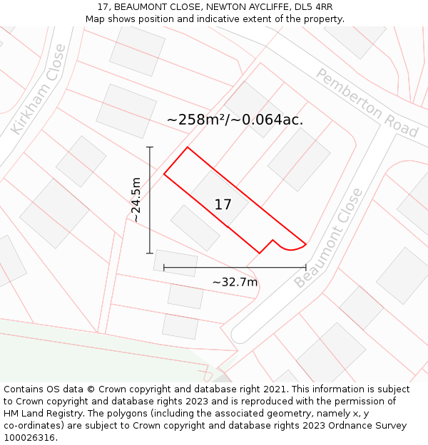 17, BEAUMONT CLOSE, NEWTON AYCLIFFE, DL5 4RR: Plot and title map