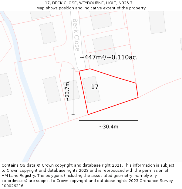 17, BECK CLOSE, WEYBOURNE, HOLT, NR25 7HL: Plot and title map