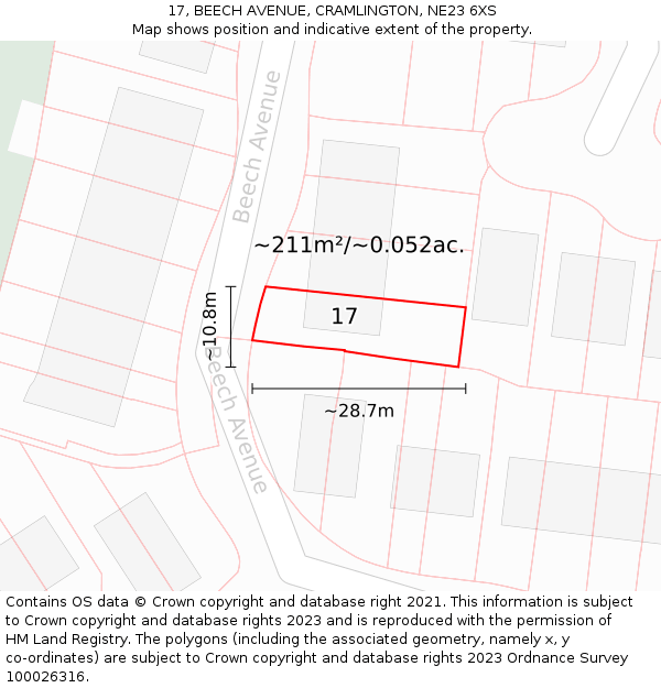 17, BEECH AVENUE, CRAMLINGTON, NE23 6XS: Plot and title map