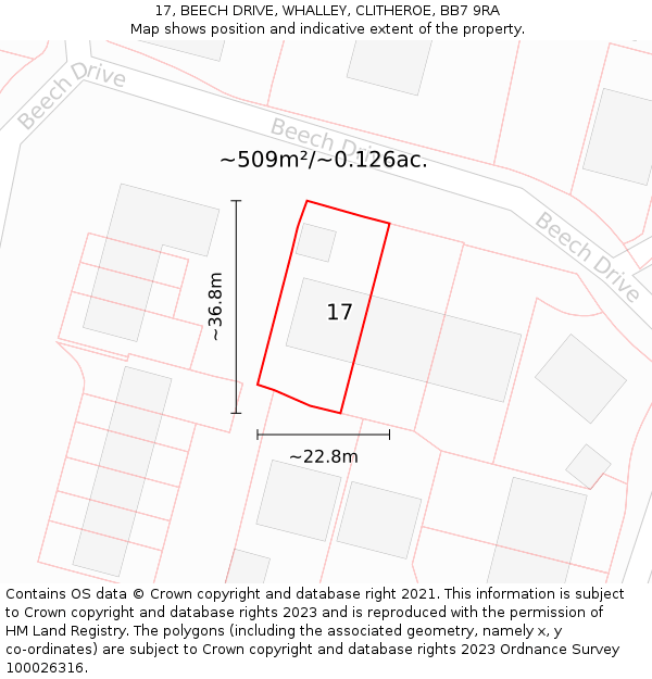 17, BEECH DRIVE, WHALLEY, CLITHEROE, BB7 9RA: Plot and title map