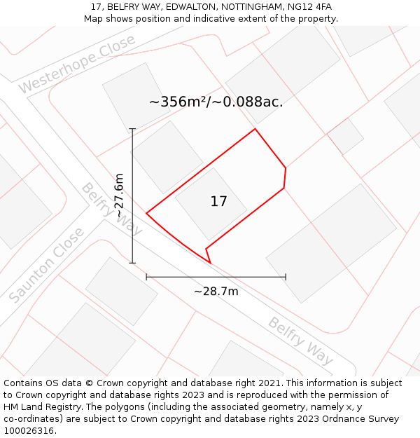 17, BELFRY WAY, EDWALTON, NOTTINGHAM, NG12 4FA: Plot and title map