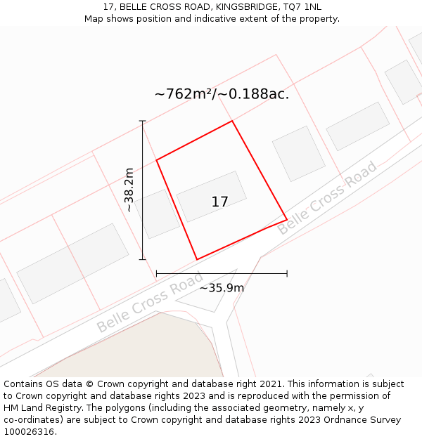 17, BELLE CROSS ROAD, KINGSBRIDGE, TQ7 1NL: Plot and title map