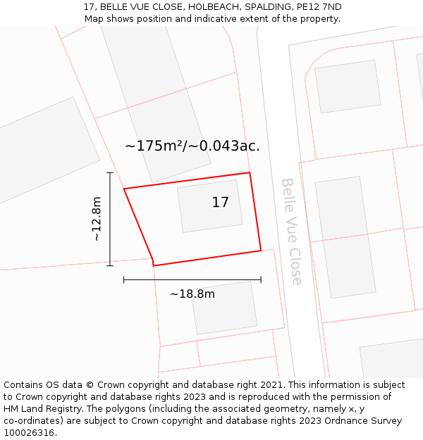 17, BELLE VUE CLOSE, HOLBEACH, SPALDING, PE12 7ND: Plot and title map