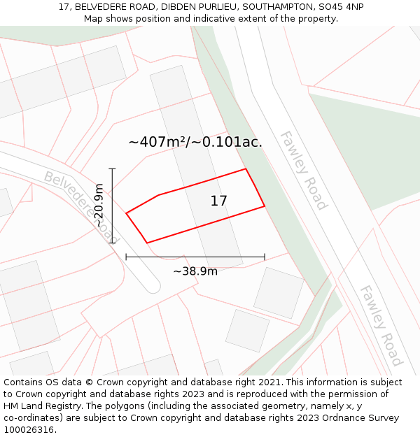 17, BELVEDERE ROAD, DIBDEN PURLIEU, SOUTHAMPTON, SO45 4NP: Plot and title map