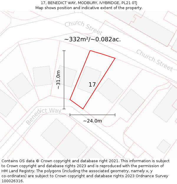 17, BENEDICT WAY, MODBURY, IVYBRIDGE, PL21 0TJ: Plot and title map