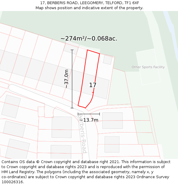 17, BERBERIS ROAD, LEEGOMERY, TELFORD, TF1 6XF: Plot and title map