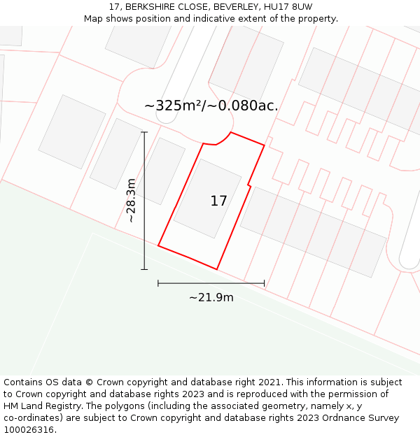 17, BERKSHIRE CLOSE, BEVERLEY, HU17 8UW: Plot and title map