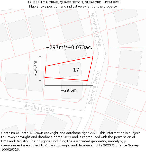 17, BERNICIA DRIVE, QUARRINGTON, SLEAFORD, NG34 8WF: Plot and title map