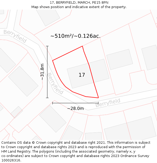 17, BERRYFIELD, MARCH, PE15 8PN: Plot and title map