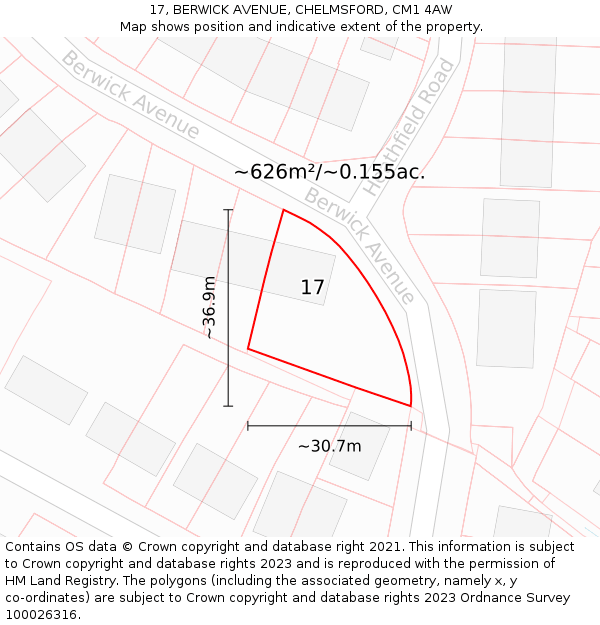 17, BERWICK AVENUE, CHELMSFORD, CM1 4AW: Plot and title map