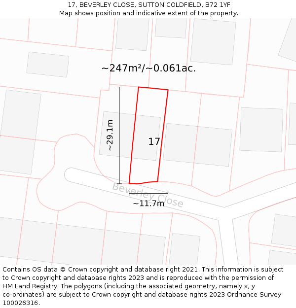 17, BEVERLEY CLOSE, SUTTON COLDFIELD, B72 1YF: Plot and title map