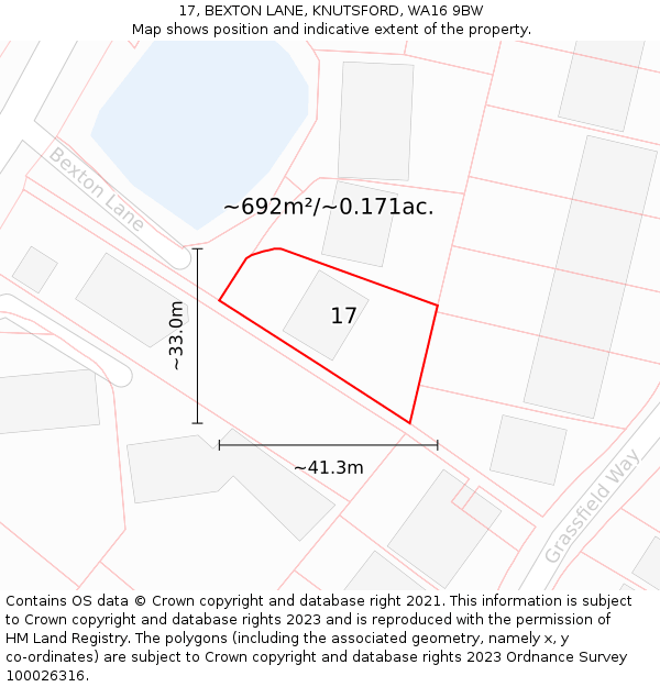 17, BEXTON LANE, KNUTSFORD, WA16 9BW: Plot and title map