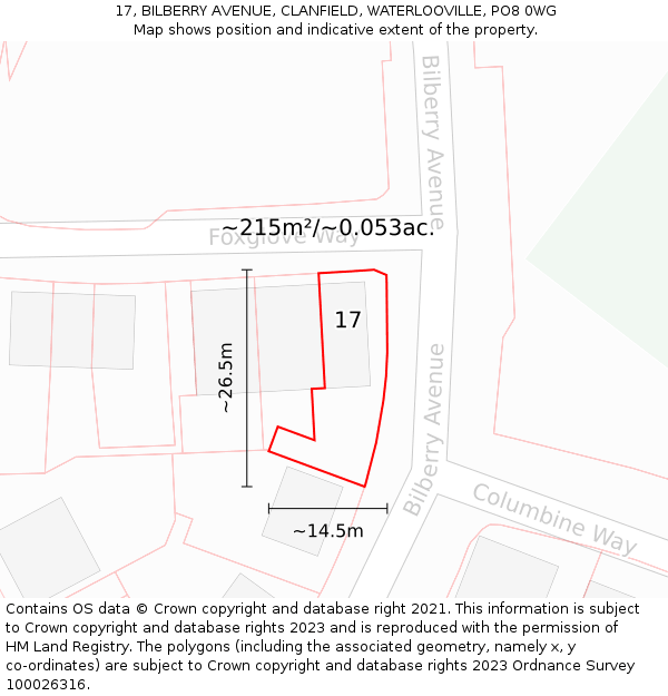 17, BILBERRY AVENUE, CLANFIELD, WATERLOOVILLE, PO8 0WG: Plot and title map