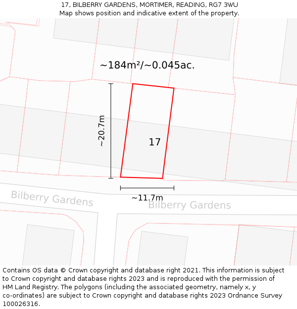 17, BILBERRY GARDENS, MORTIMER, READING, RG7 3WU: Plot and title map