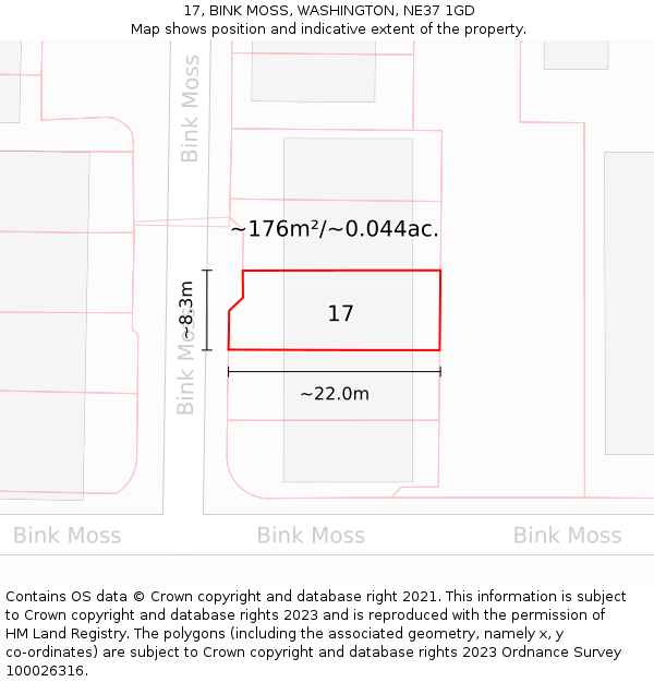 17, BINK MOSS, WASHINGTON, NE37 1GD: Plot and title map