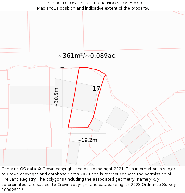 17, BIRCH CLOSE, SOUTH OCKENDON, RM15 6XD: Plot and title map