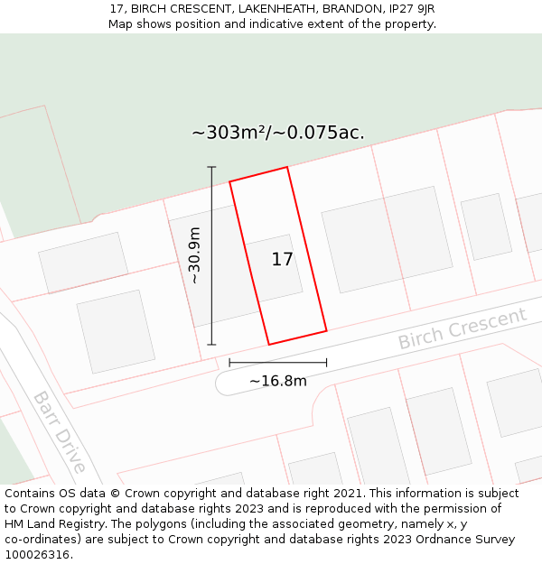 17, BIRCH CRESCENT, LAKENHEATH, BRANDON, IP27 9JR: Plot and title map