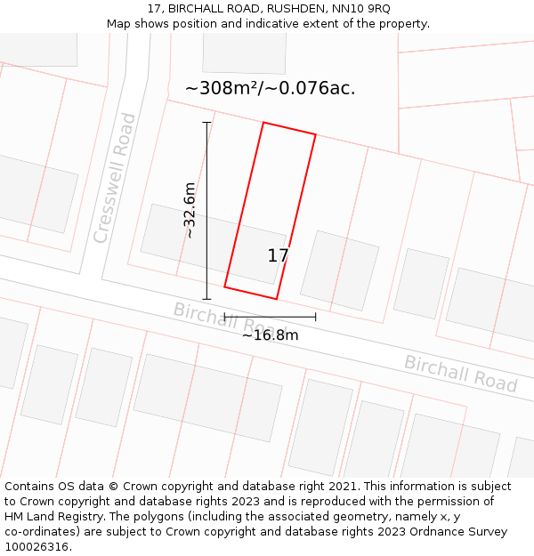 17, BIRCHALL ROAD, RUSHDEN, NN10 9RQ: Plot and title map