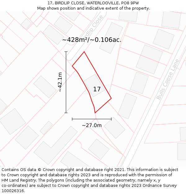 17, BIRDLIP CLOSE, WATERLOOVILLE, PO8 9PW: Plot and title map