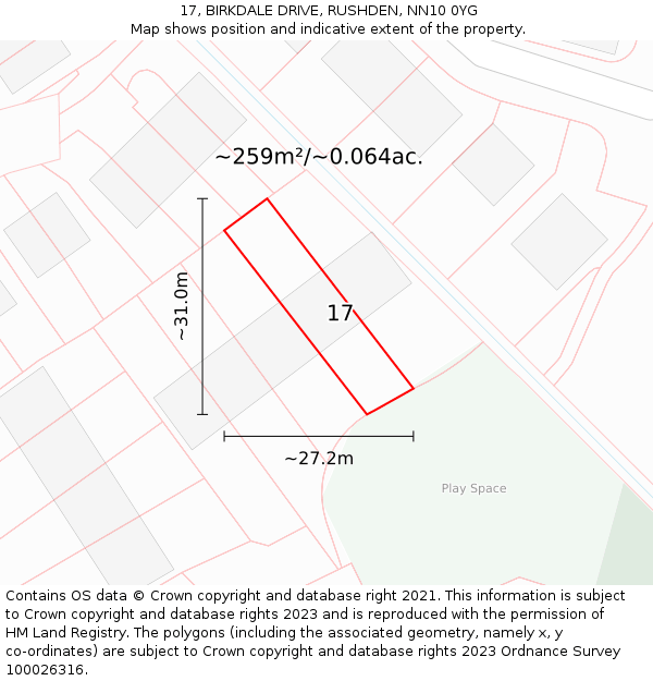 17, BIRKDALE DRIVE, RUSHDEN, NN10 0YG: Plot and title map