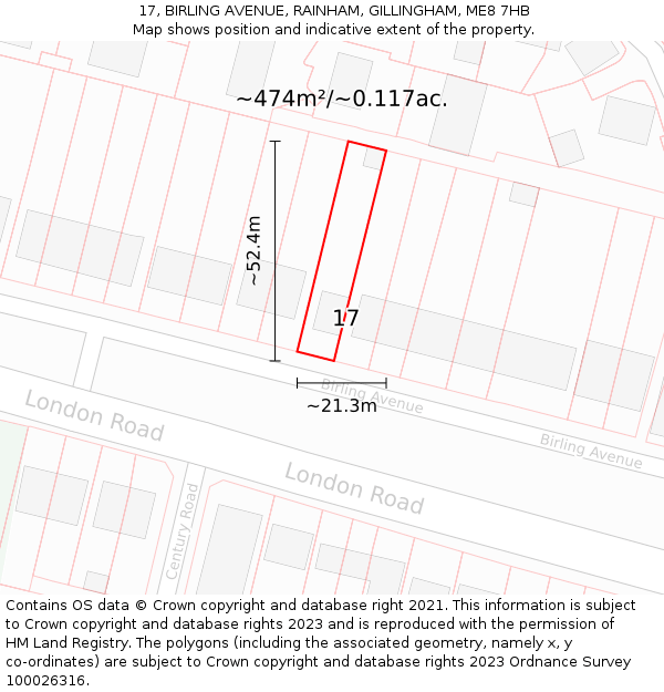 17, BIRLING AVENUE, RAINHAM, GILLINGHAM, ME8 7HB: Plot and title map