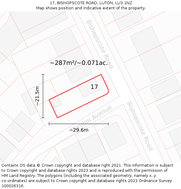 17, BISHOPSCOTE ROAD, LUTON, LU3 1NZ: Plot and title map