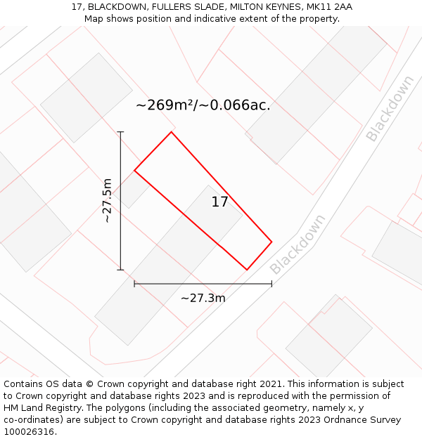 17, BLACKDOWN, FULLERS SLADE, MILTON KEYNES, MK11 2AA: Plot and title map