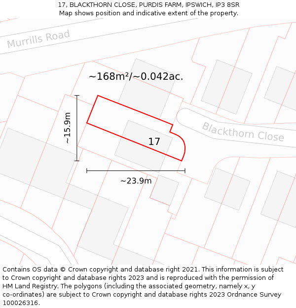 17, BLACKTHORN CLOSE, PURDIS FARM, IPSWICH, IP3 8SR: Plot and title map