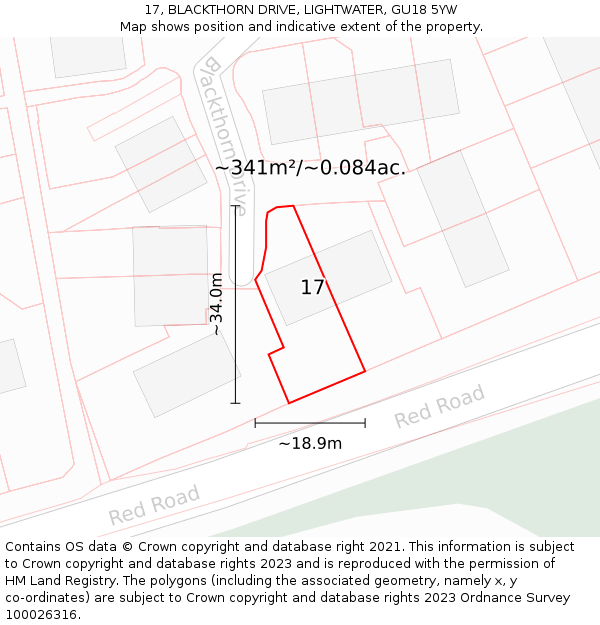 17, BLACKTHORN DRIVE, LIGHTWATER, GU18 5YW: Plot and title map