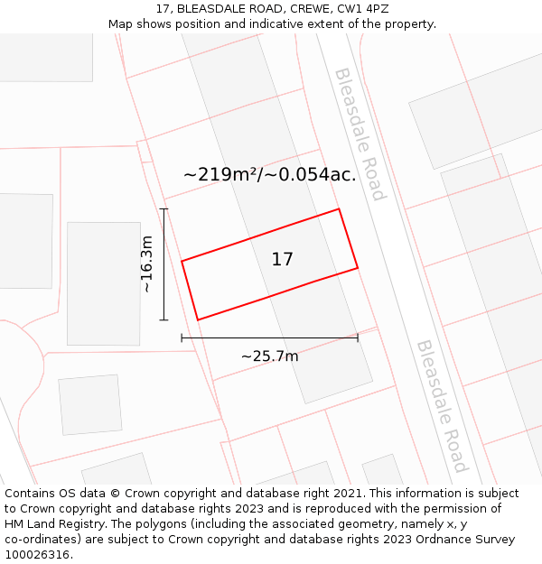 17, BLEASDALE ROAD, CREWE, CW1 4PZ: Plot and title map