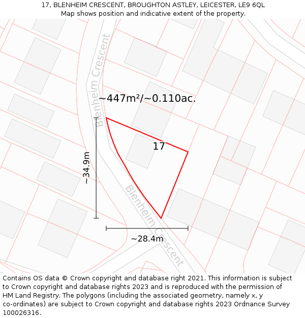 17, BLENHEIM CRESCENT, BROUGHTON ASTLEY, LEICESTER, LE9 6QL: Plot and title map