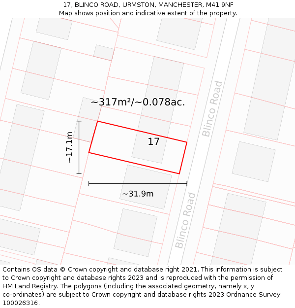 17, BLINCO ROAD, URMSTON, MANCHESTER, M41 9NF: Plot and title map