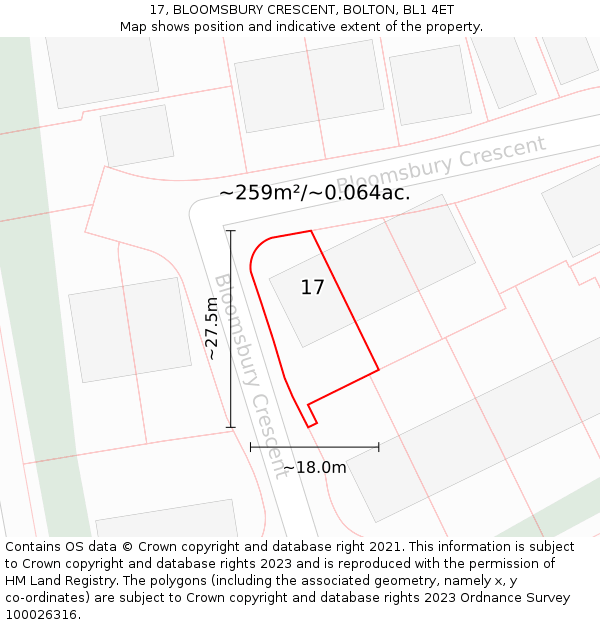 17, BLOOMSBURY CRESCENT, BOLTON, BL1 4ET: Plot and title map