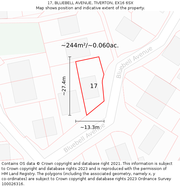 17, BLUEBELL AVENUE, TIVERTON, EX16 6SX: Plot and title map