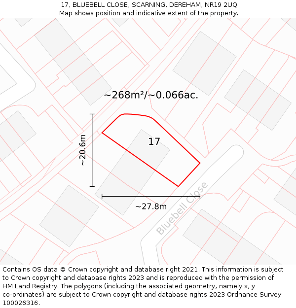 17, BLUEBELL CLOSE, SCARNING, DEREHAM, NR19 2UQ: Plot and title map