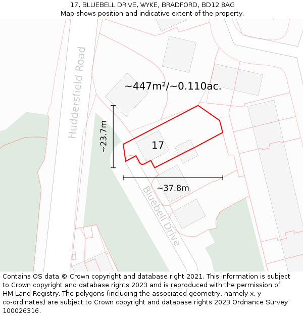 17, BLUEBELL DRIVE, WYKE, BRADFORD, BD12 8AG: Plot and title map