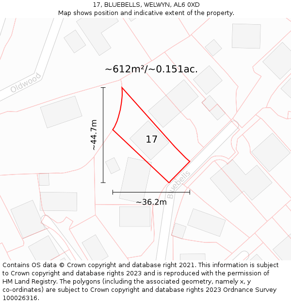 17, BLUEBELLS, WELWYN, AL6 0XD: Plot and title map