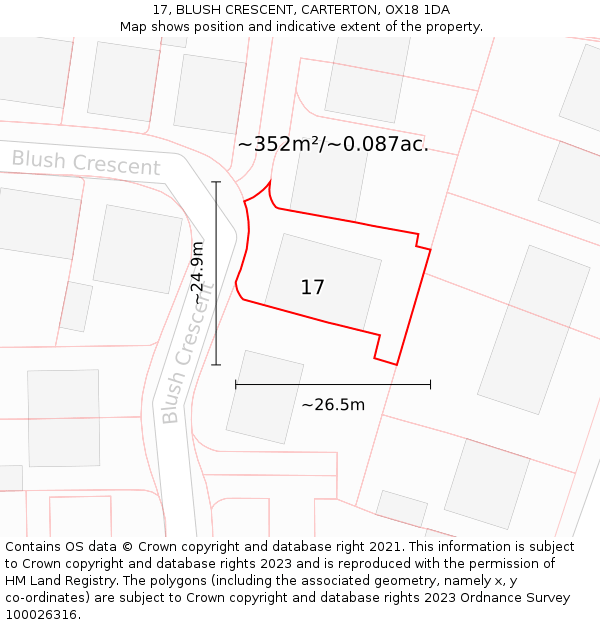 17, BLUSH CRESCENT, CARTERTON, OX18 1DA: Plot and title map