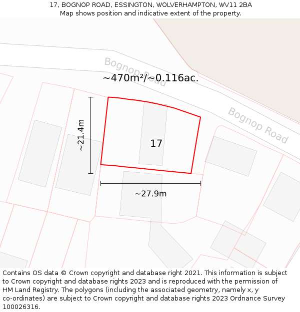 17, BOGNOP ROAD, ESSINGTON, WOLVERHAMPTON, WV11 2BA: Plot and title map