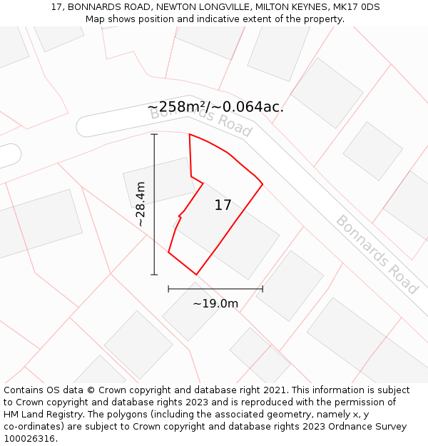 17, BONNARDS ROAD, NEWTON LONGVILLE, MILTON KEYNES, MK17 0DS: Plot and title map