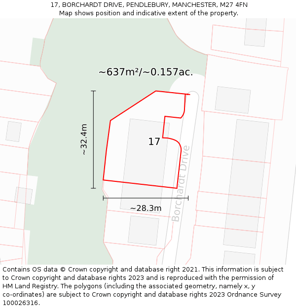 17, BORCHARDT DRIVE, PENDLEBURY, MANCHESTER, M27 4FN: Plot and title map