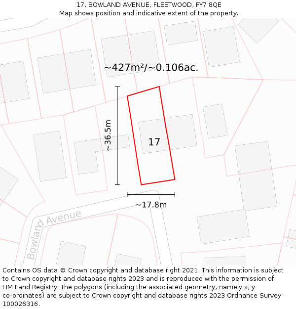 17, BOWLAND AVENUE, FLEETWOOD, FY7 8QE: Plot and title map