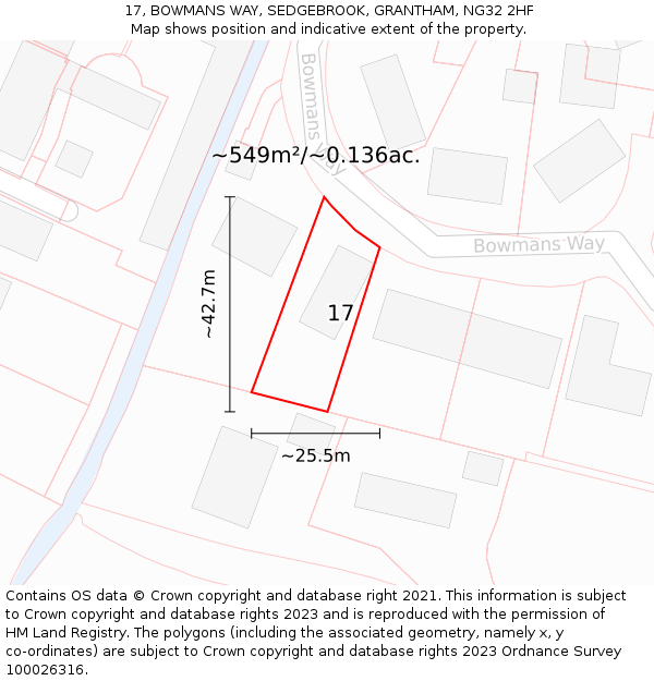 17, BOWMANS WAY, SEDGEBROOK, GRANTHAM, NG32 2HF: Plot and title map