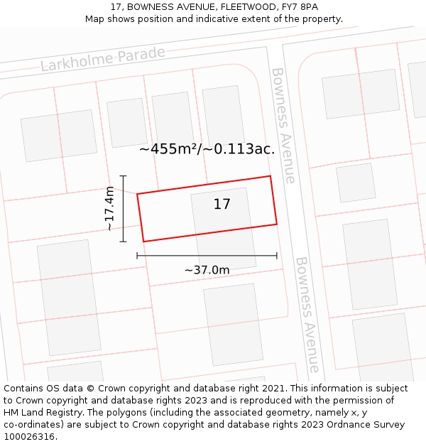 17, BOWNESS AVENUE, FLEETWOOD, FY7 8PA: Plot and title map