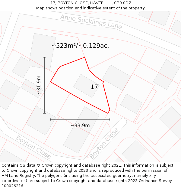 17, BOYTON CLOSE, HAVERHILL, CB9 0DZ: Plot and title map