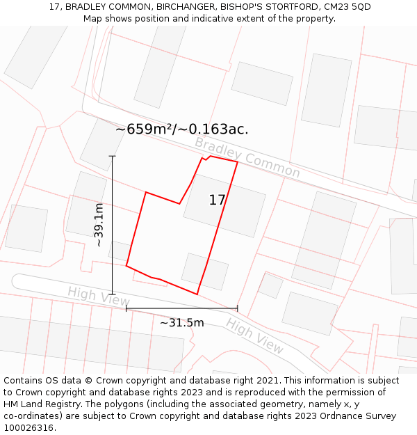 17, BRADLEY COMMON, BIRCHANGER, BISHOP'S STORTFORD, CM23 5QD: Plot and title map